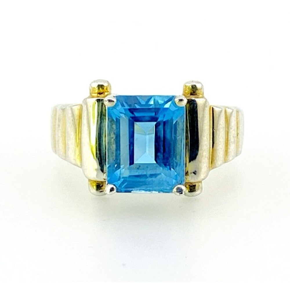 Vintage 4 Ct Blue Topaz Sterling Silver Architectural Ring Size 7.75